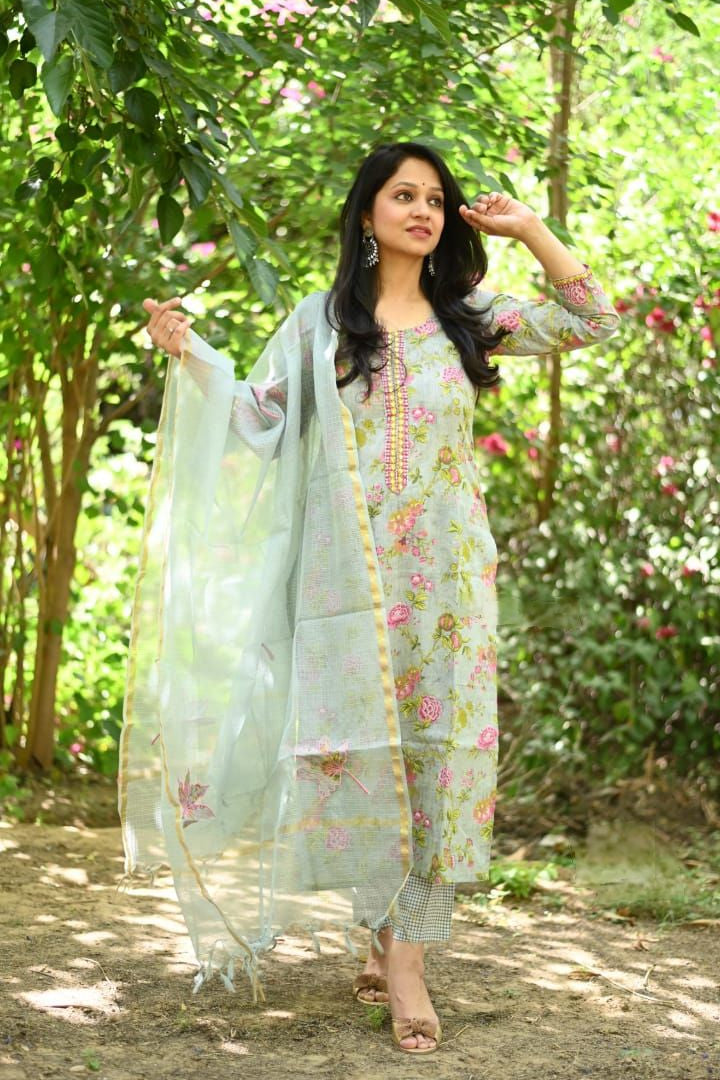 Classic Floral 3PC Cotton Kurti Set