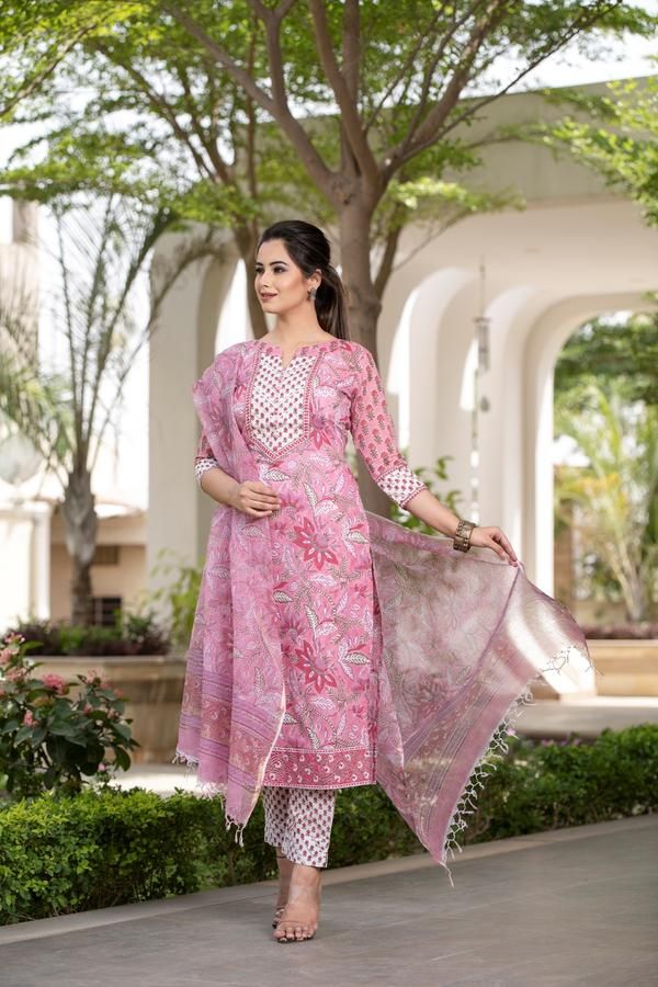 Classic Floral 3PC Cotton Kurti Set