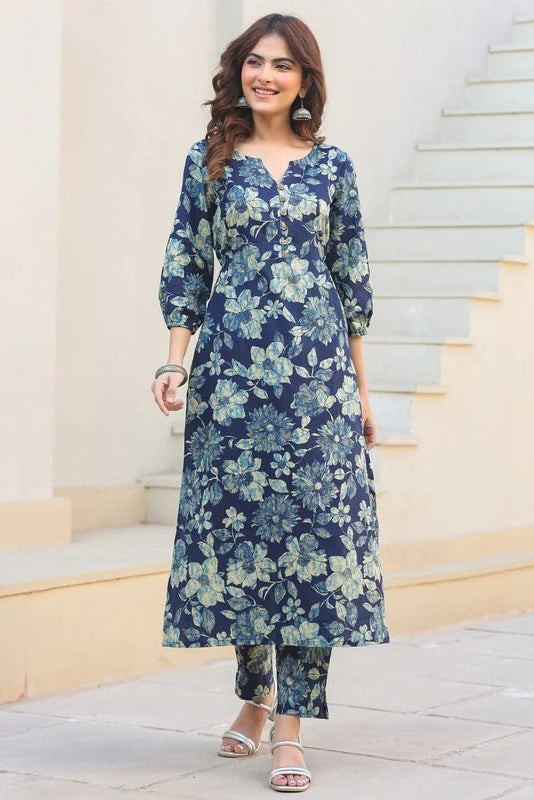 Floral Straight Cut Cotton Kurti Set – Daily Wear