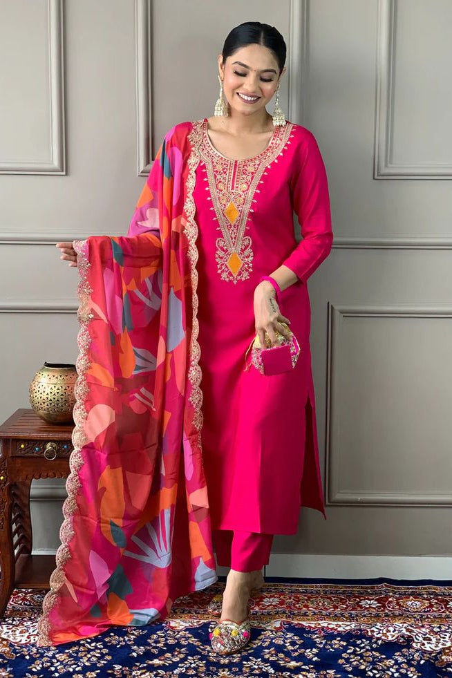 Embroidered Party Wear Kurti Set with Dupatta